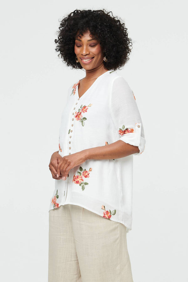 White | Floral Curve Hem Layered Blouse