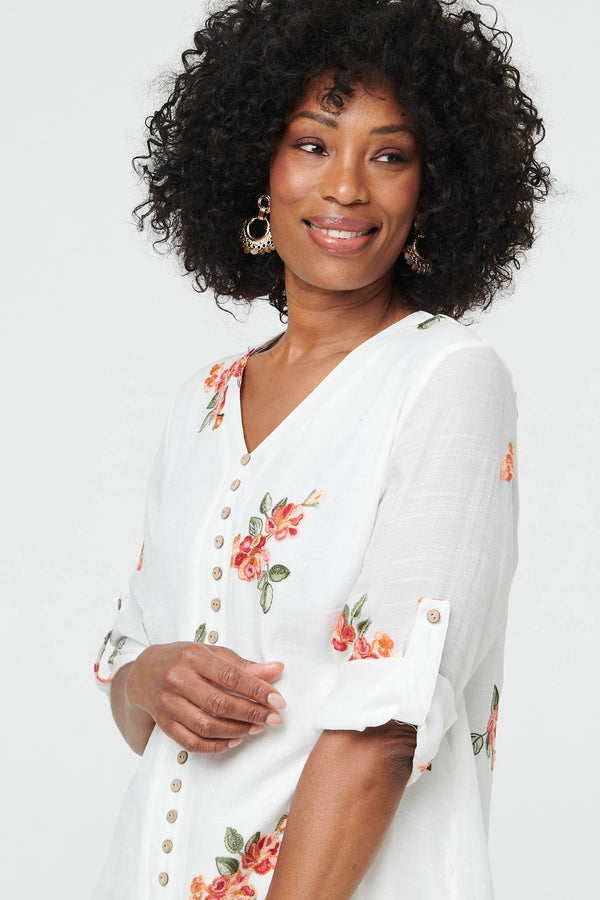 White | Floral Curve Hem Layered Blouse