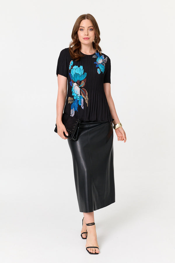 Black | Floral Pleated Short Sleeve Top
