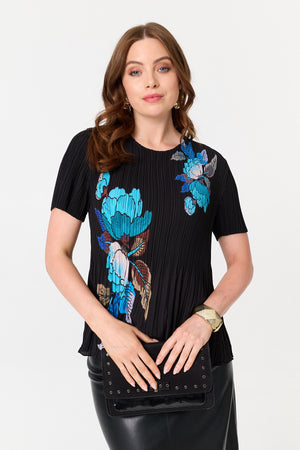 Black | Floral Pleated Short Sleeve Top
