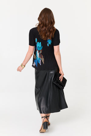 Black | Floral Pleated Short Sleeve Top
