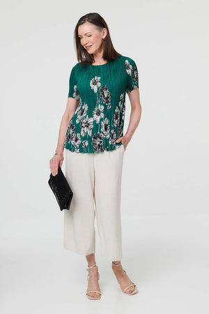 Green | Floral Pleated Texture Short Sleeve Top