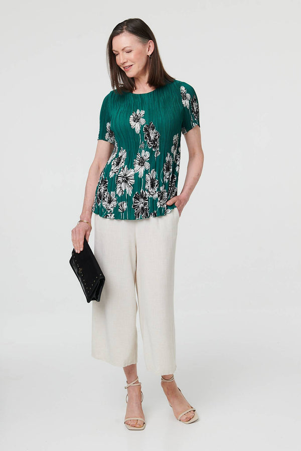Green | Floral Pleated Texture Short Sleeve Top