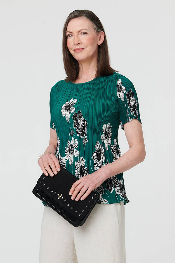 Green | Floral Pleated Texture Short Sleeve Top