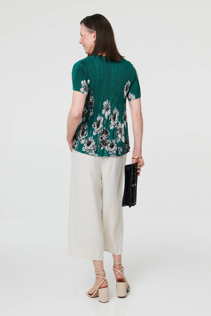 Green | Floral Pleated Texture Short Sleeve Top
