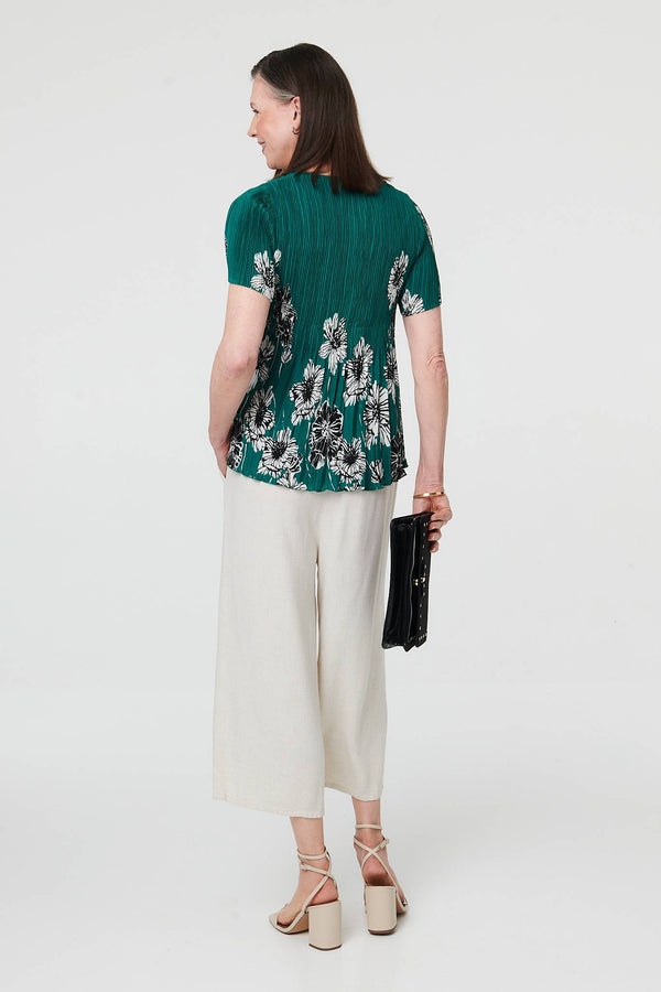 Green | Floral Pleated Texture Short Sleeve Top