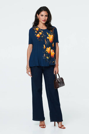 Navy | Floral Short Sleeve Pleated Texture Top