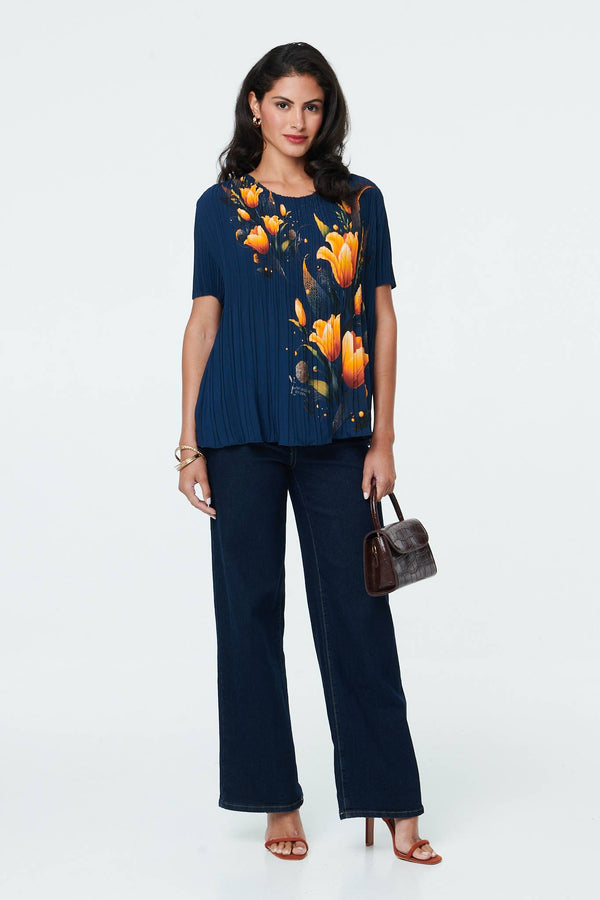 Navy | Floral Short Sleeve Pleated Texture Top