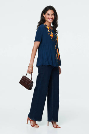 Navy | Floral Short Sleeve Pleated Texture Top