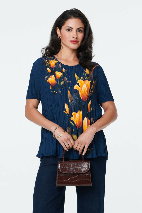 Navy | Floral Short Sleeve Pleated Texture Top