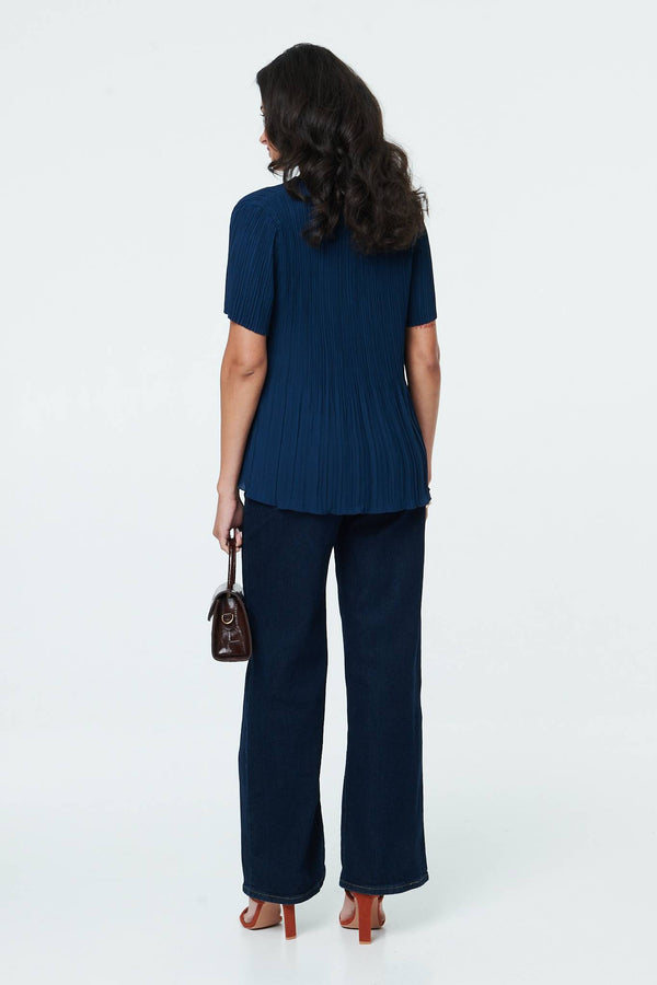 Navy | Floral Short Sleeve Pleated Texture Top