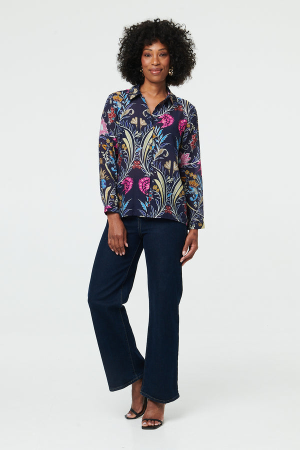 Navy | Floral Long Sleeve Relaxed Shirt