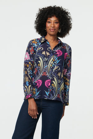 Navy | Floral Long Sleeve Relaxed Shirt