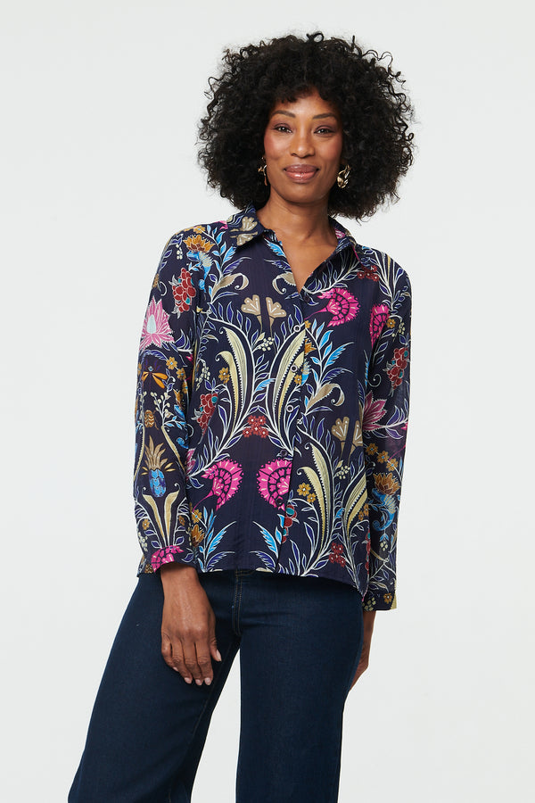 Navy | Floral Long Sleeve Relaxed Shirt