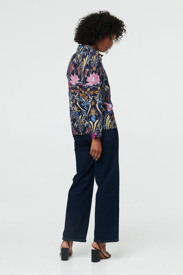 Navy | Floral Long Sleeve Relaxed Shirt