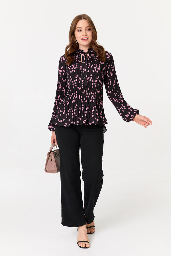 Pink | Spotty Print Long Sleeve Pleated Blouse