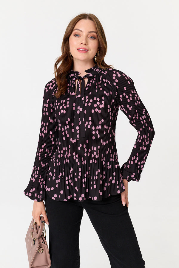 Pink | Spotty Print Long Sleeve Pleated Blouse