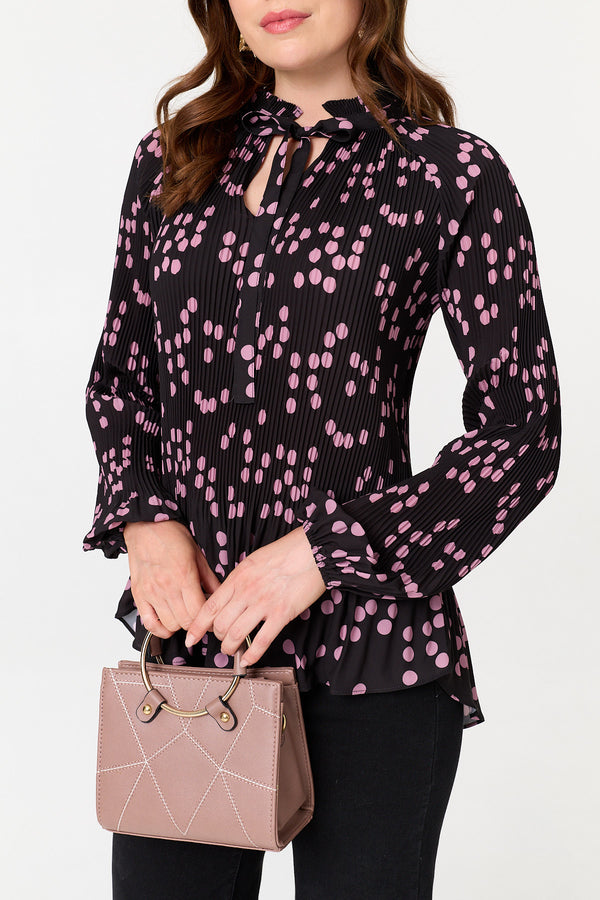 Pink | Spotty Print Long Sleeve Pleated Blouse