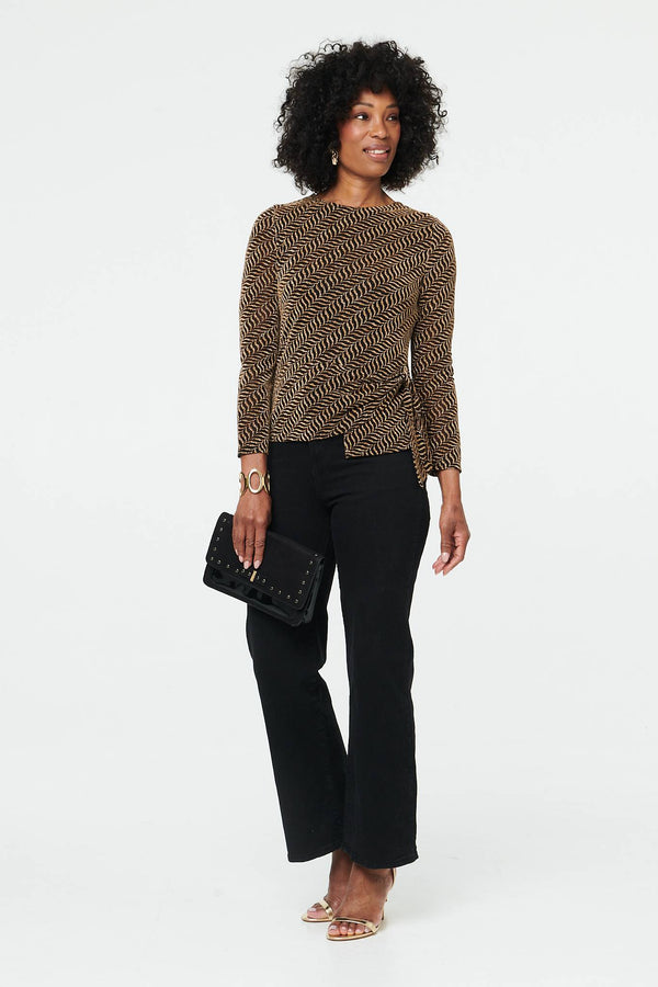 Gold | Abstract Long Sleeve Tie Waist Top