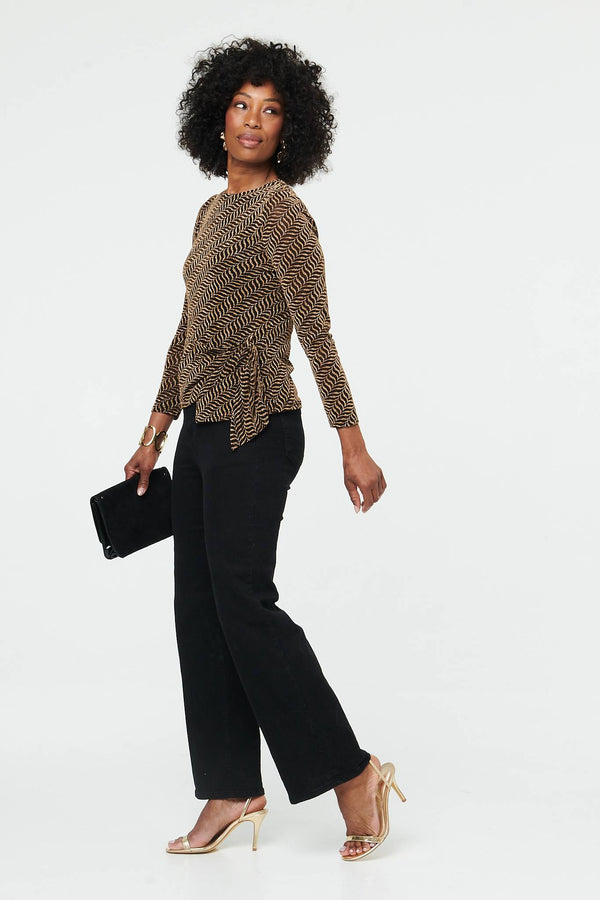 Gold | Abstract Long Sleeve Tie Waist Top