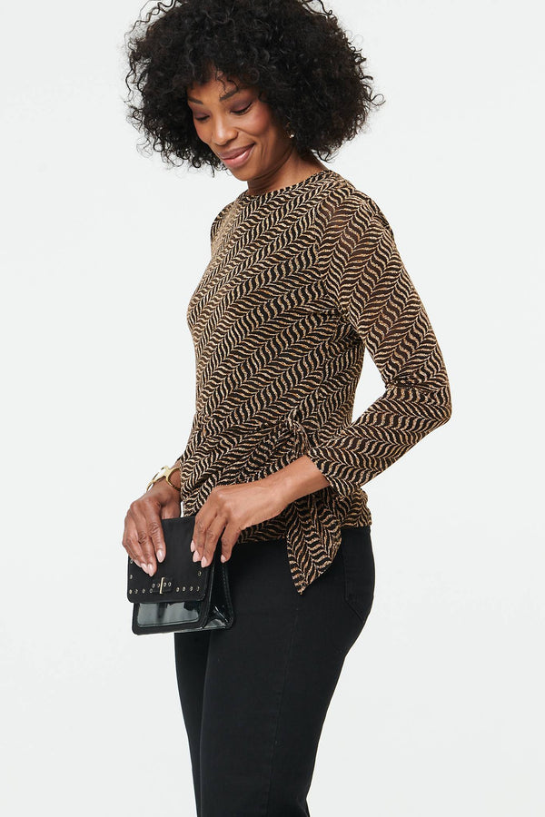Gold | Abstract Long Sleeve Tie Waist Top