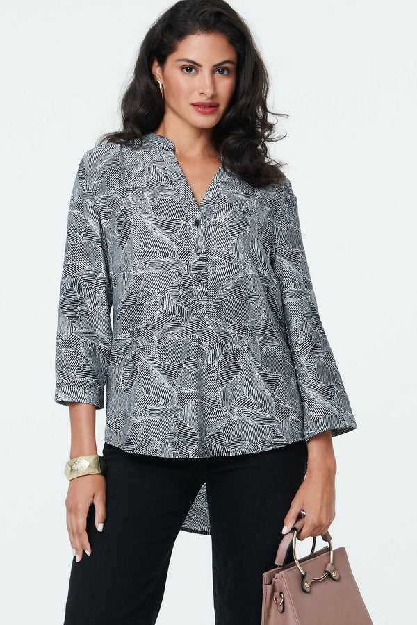 Black | Abstract 3/4 Sleeve Collarless Blouse