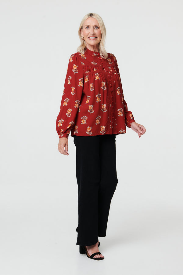 Rust | Floral High Neck Long Sleeve Shirt