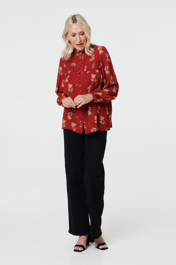 Rust | Floral High Neck Long Sleeve Shirt