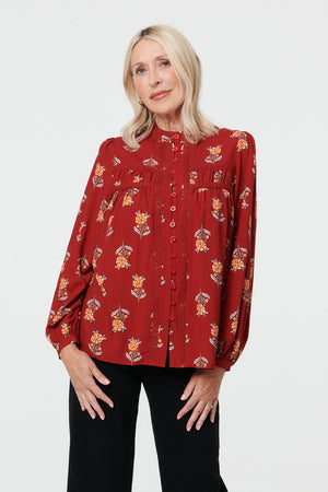 Rust | Floral High Neck Long Sleeve Shirt