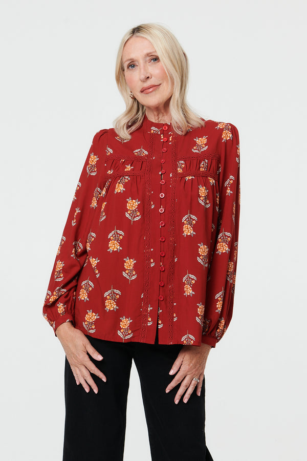 Rust | Floral High Neck Long Sleeve Shirt