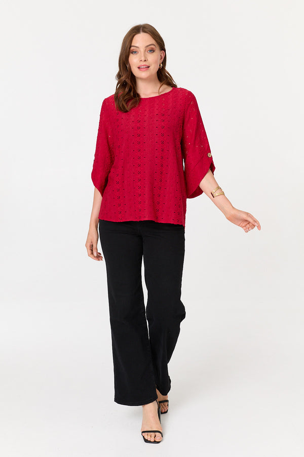 Red | Embroidered Textured 3/4 Sleeve Blouse