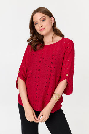 Red | Embroidered Textured 3/4 Sleeve Blouse : Model is 5'9