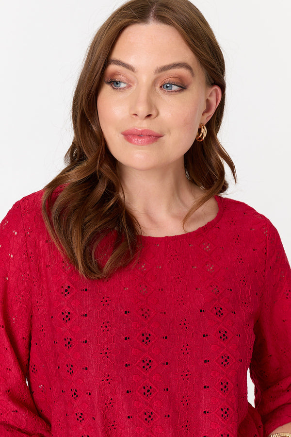 Red | Embroidered Textured 3/4 Sleeve Blouse