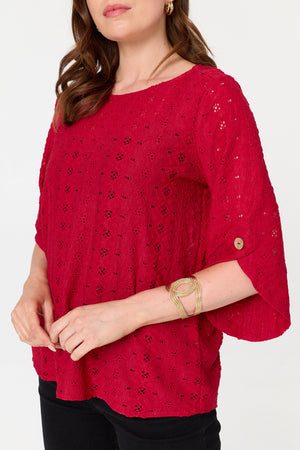 Red | Embroidered Textured 3/4 Sleeve Blouse