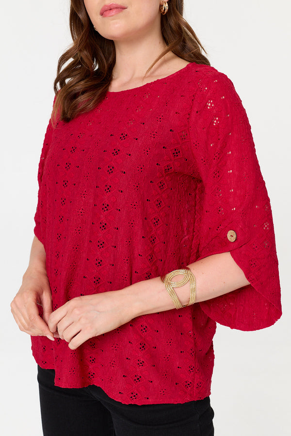 Red | Embroidered Textured 3/4 Sleeve Blouse