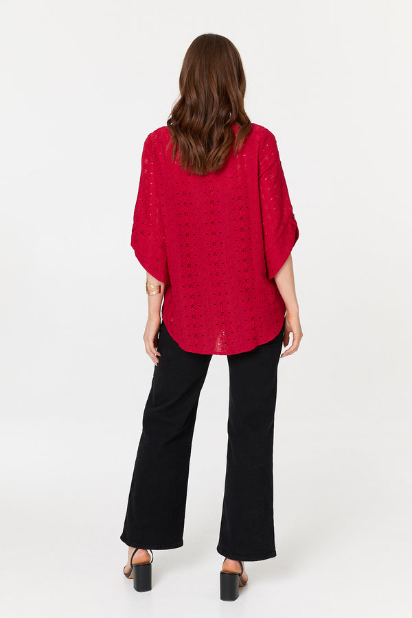 Red | Embroidered Textured 3/4 Sleeve Blouse