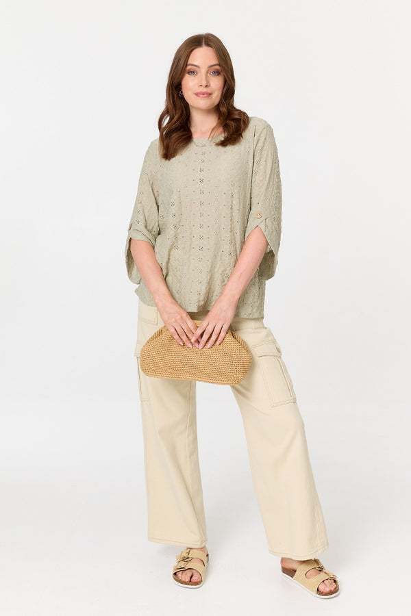 Sage | Embroidered Textured 3/4 Sleeve Blouse
