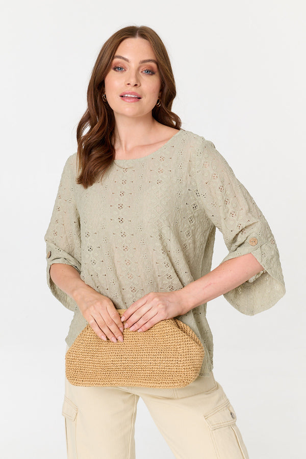 Sage | Embroidered Textured 3/4 Sleeve Blouse
