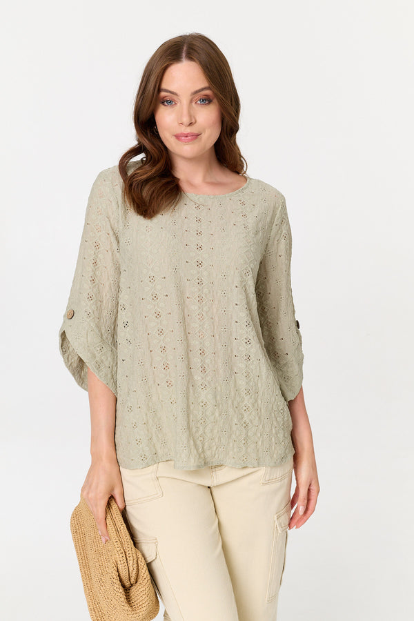 Sage | Embroidered Textured 3/4 Sleeve Blouse
