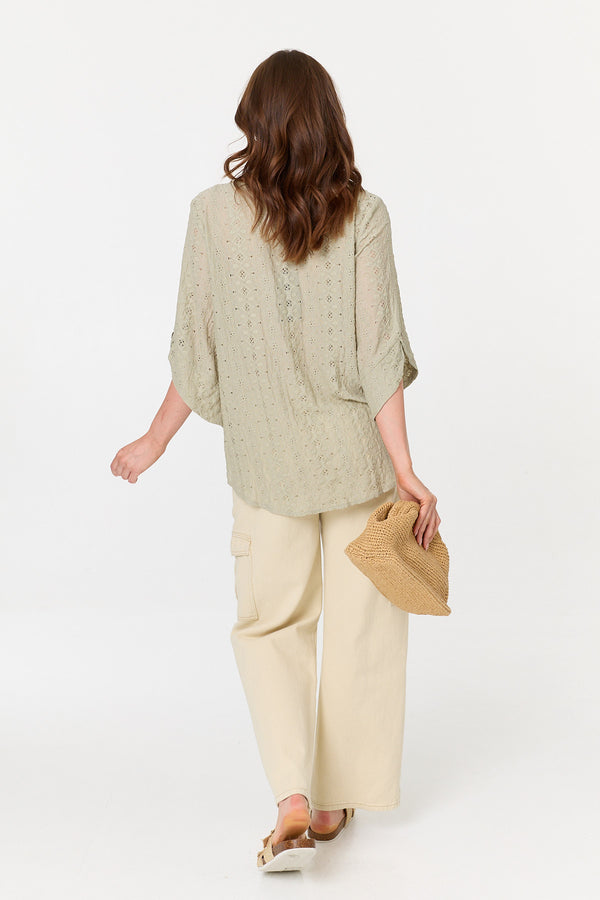 Sage | Embroidered Textured 3/4 Sleeve Blouse
