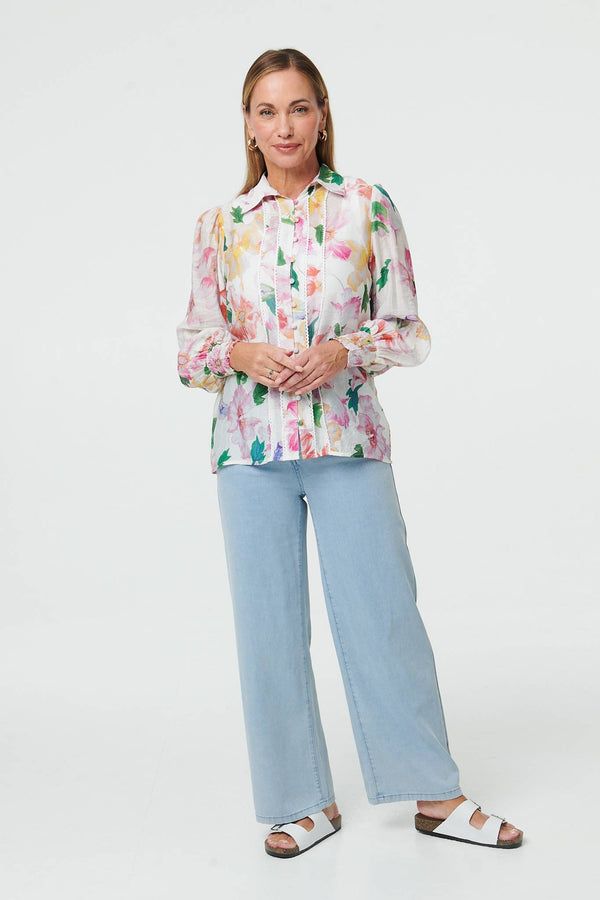 White | Lace Trim Collared Long Sleeve Shirt