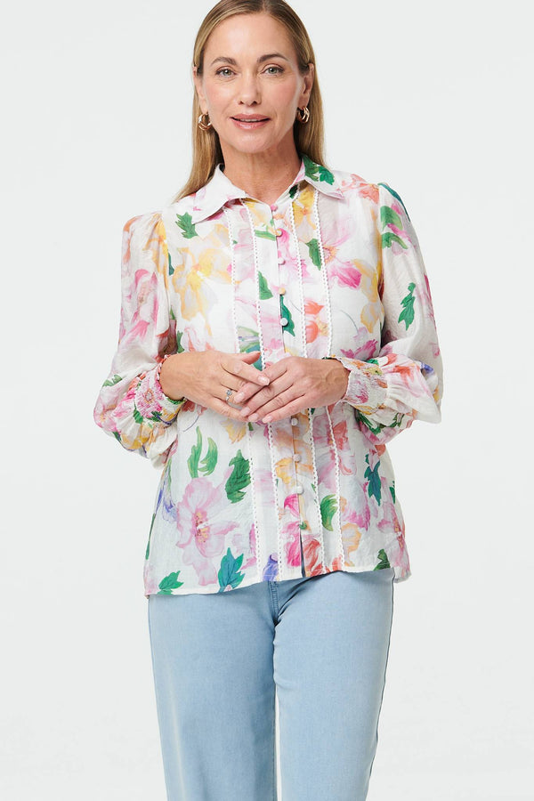 White | Lace Trim Collared Long Sleeve Shirt