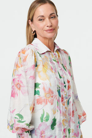 White | Lace Trim Collared Long Sleeve Shirt