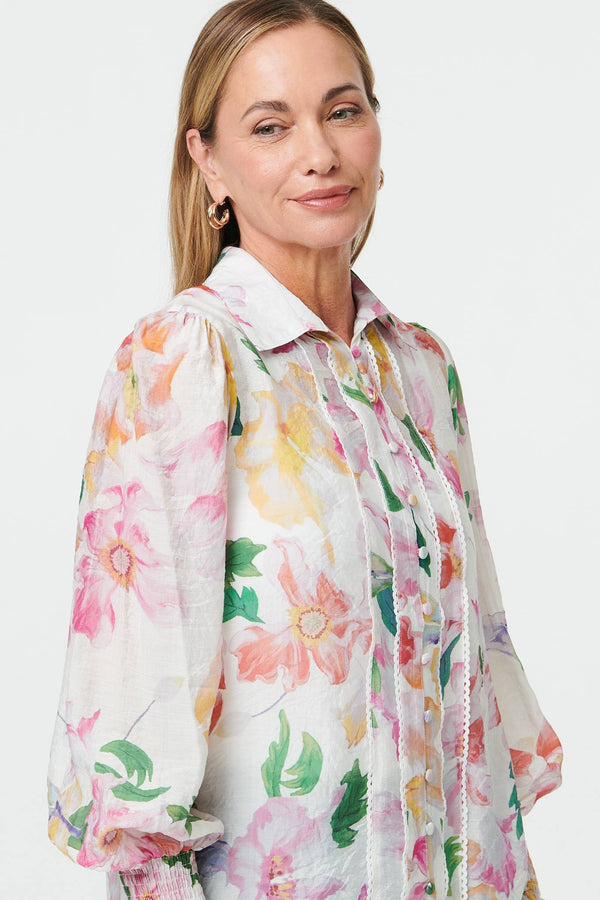 White | Lace Trim Collared Long Sleeve Shirt