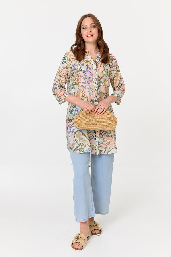 Pink | Printed 3/4 Sleeve Relaxed Tunic Shirt
