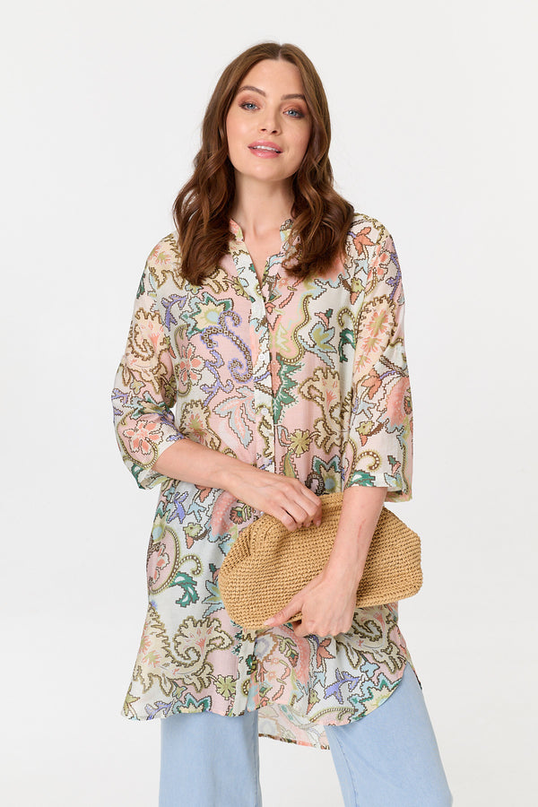 Pink | Printed 3/4 Sleeve Relaxed Tunic Shirt
