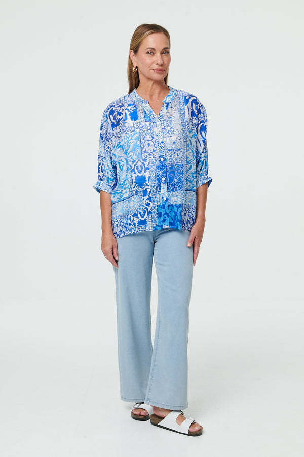 Blue | Mosaic Print 3/4 Sleeve Relaxed Shirt