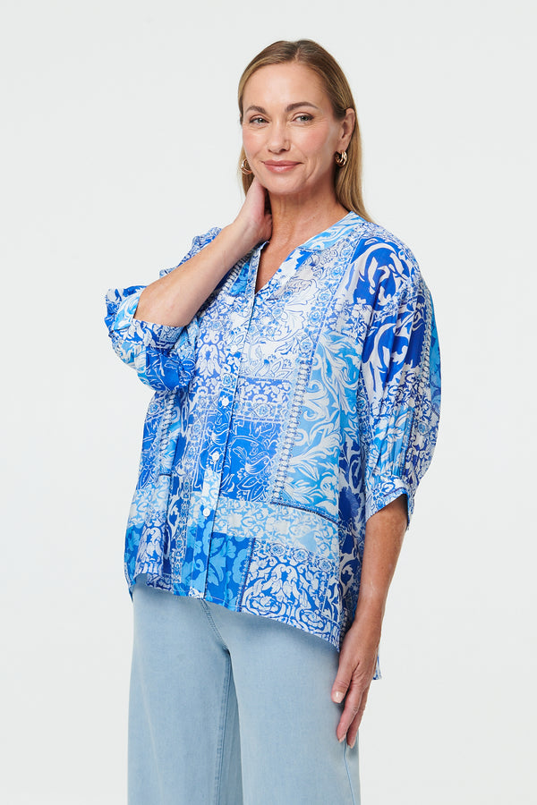 Blue | Mosaic Print 3/4 Sleeve Relaxed Shirt