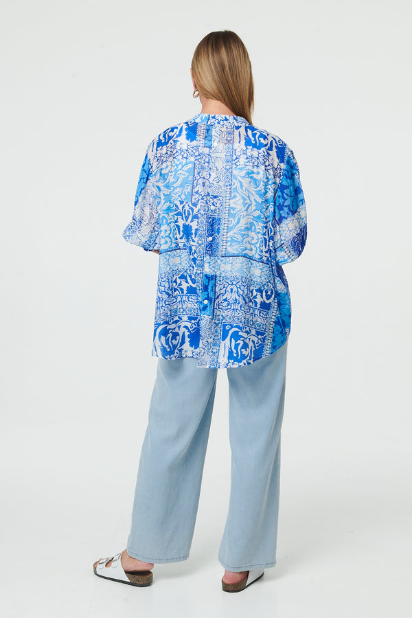 Blue | Mosaic Print 3/4 Sleeve Relaxed Shirt