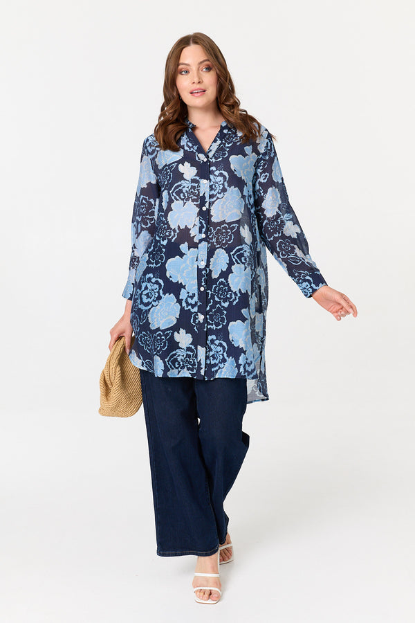 Navy | Floral Longline Long Sleeve Shirt
